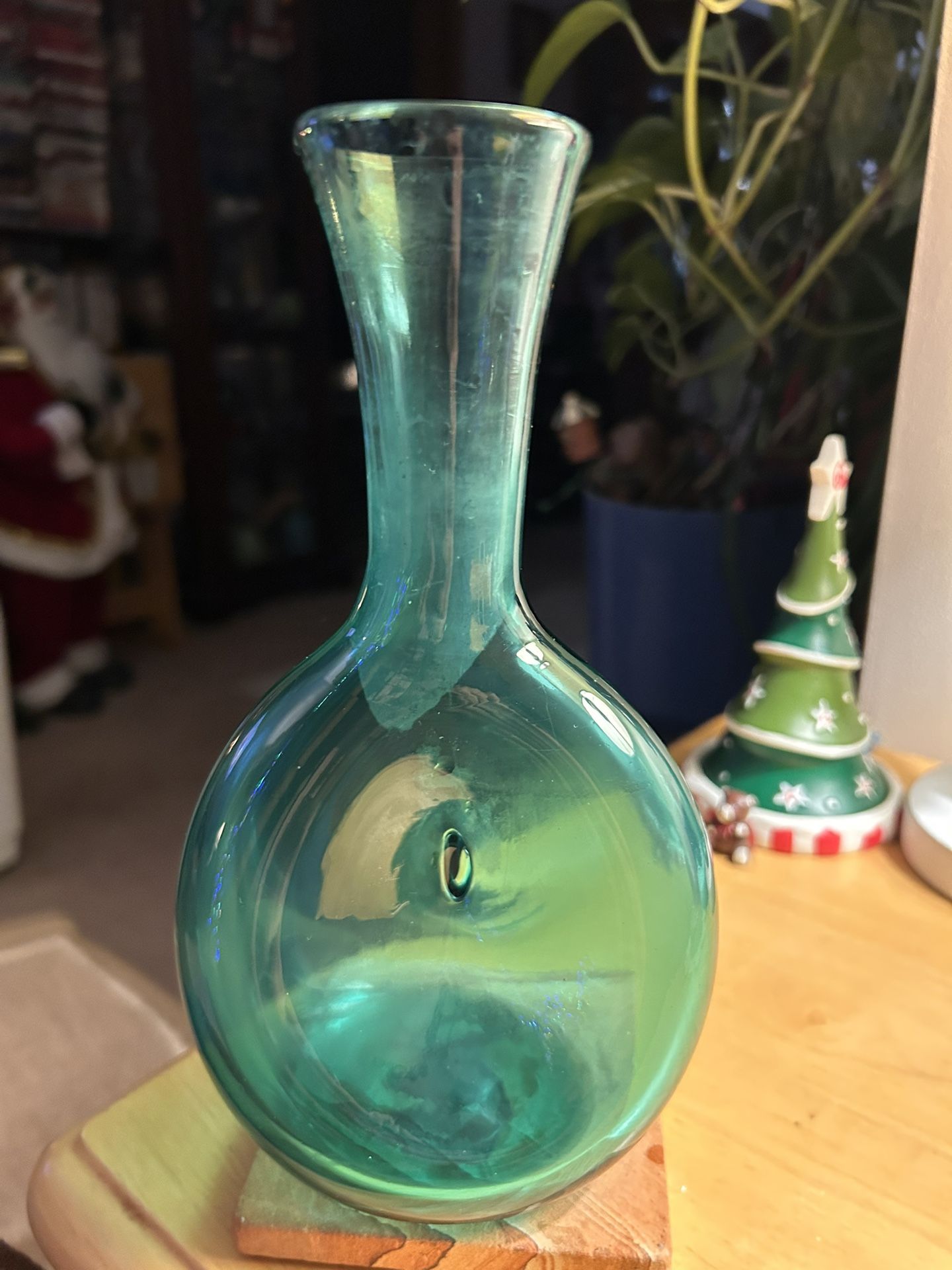 Vintage Blenko Pinch Vase in Teal Handblown Mid-Century Modern Art Glass Donut vase