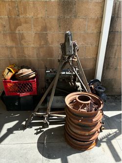1930 Ford Model A Engine + Parts Lot – Original Core, Wheels, Flywheel, Hoist – Vintage
