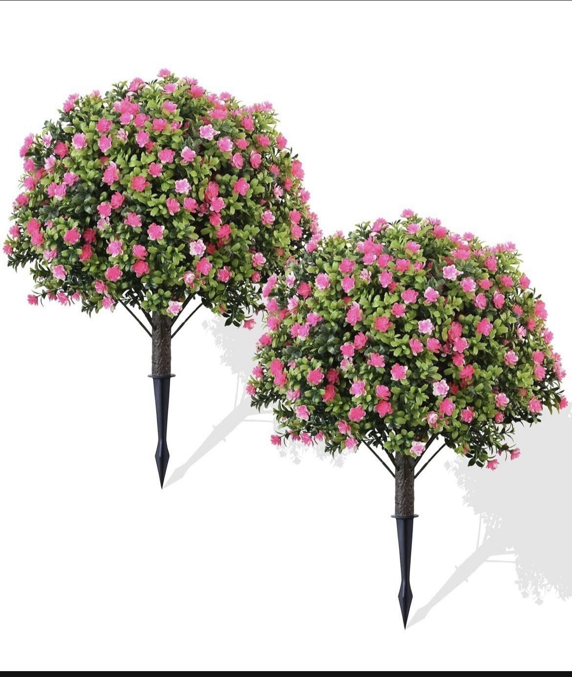 🆕Artificial Topiary Trees with Pink Flowers, 2 Set of 27 Inches High,UV Resistance, Fake Flower with Ground Spike, Weather Resistant 🆕Retails $79.99