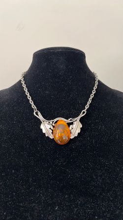 Vintage Necklace With Baltic Amber And Silver Finish 