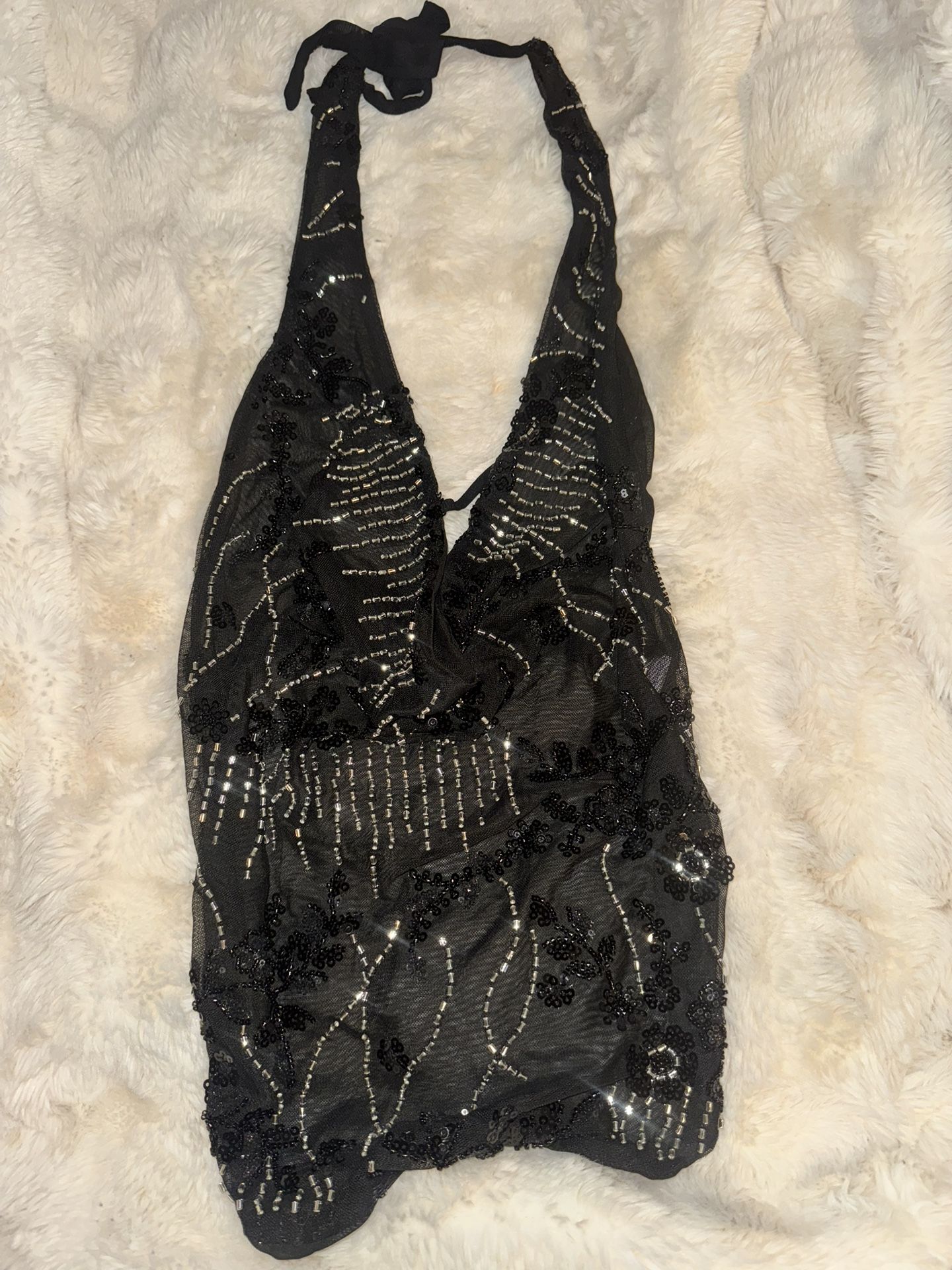 Black beaded halter top with silver accents #partydress Women's Sequin Sparkly Halter Crop Top Se... Black, S