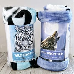 Set of 2 Wolf and White Siberian Tiger Thick Winter Wild Frontier Wilderness 50"×60" Blanket Plush Throws. Designs by James Meger. New! 

Makes a grea