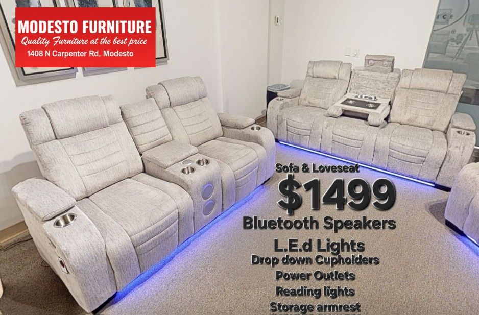 Sofa & Loveseat Recliners With Drop Down Console With Power Plugs And Reading Lights And Bluetooth Speakers!!!