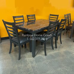 7pc Dining Table Set, Marble Tabletop