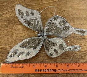 Large Heavily Beaded Silver Butterfly Hanging or Branch Nest Ornament