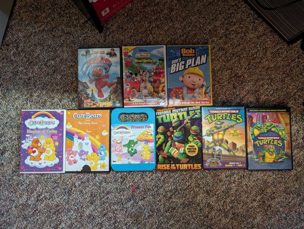 Lot Of 9 Animated Cartoon Children DVD's Care Bear, TMNT, Elmo, Disney, Bob