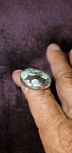 Vintage 80'S Oval Clouded Green Webed Varicite Silver Ring Size 8.5