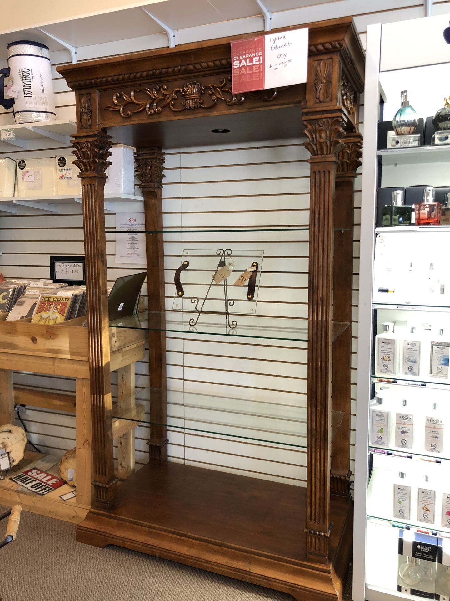 Wood glass shelf cabinet tall curio with lighting