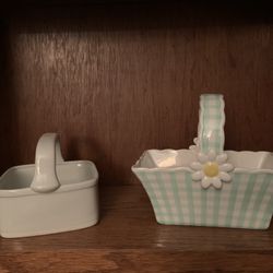 2-Ceramic Baskets….White one is approx. 5.3/4”x5.3/4” square x 5”H..2.1/2” deep…green/white/check is 8.1/2”Wx5.1/4”across..7”H and 3.1/4” deep.