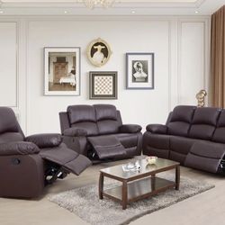 Brown Leather Fully Reclining Three Piece Couch Set