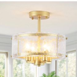 Wilhelm 12.6 in.4-Light Gold Modern Drum Candle Semi-Flush Mount with Glass Panels Shade and No Bulbs Included L18