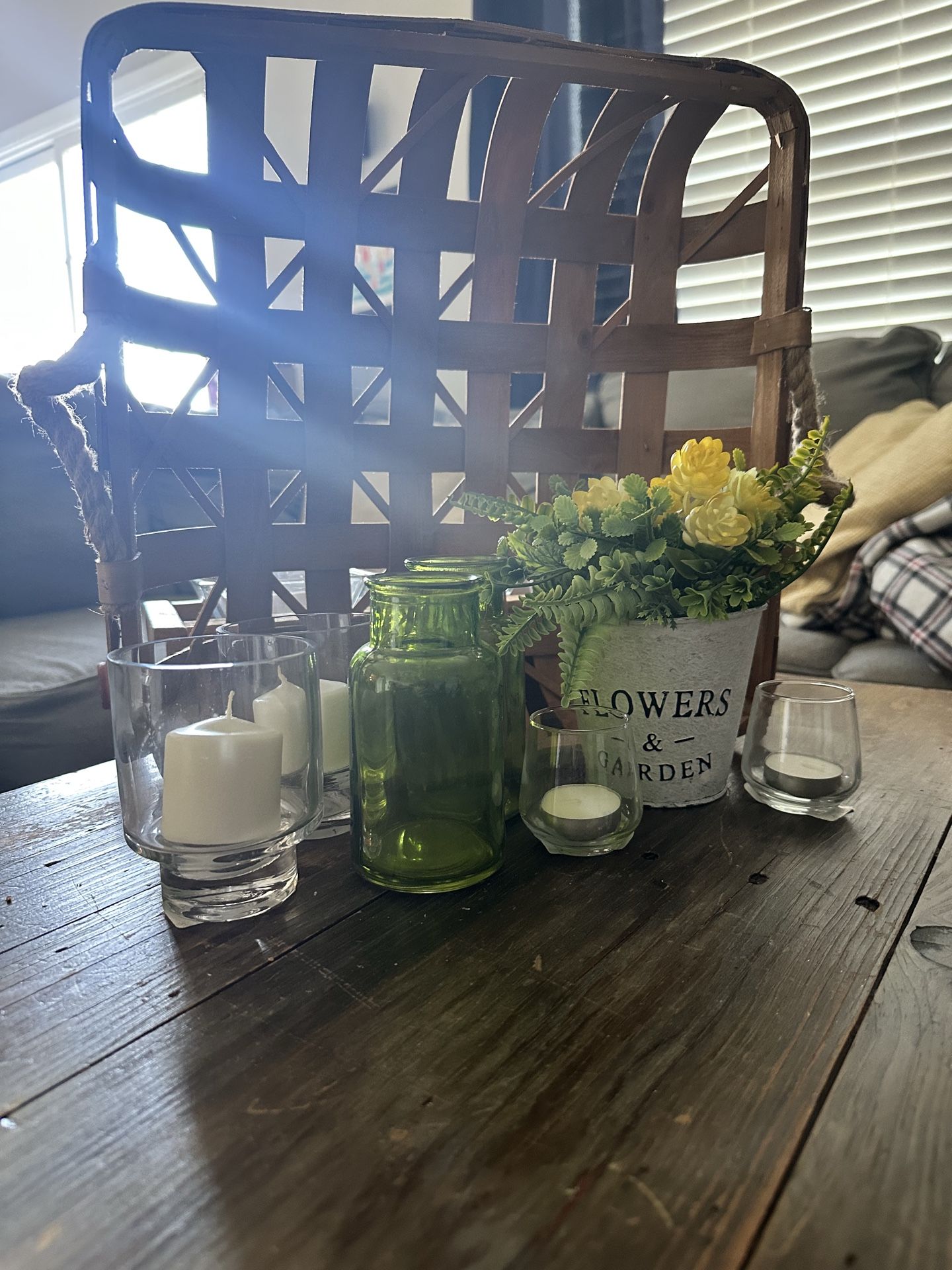 Farmhouse Décor Bundle – Tobacco Basket, Candle Holders, Green Bud Vases & Faux Floral