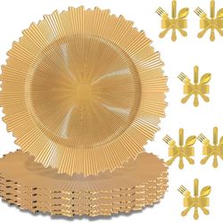 13” GOLD ANTLERS Gold Charger Plates and Gold Napkin Rings - Set of 6 - for Dinner, Wedding, Event, Conferences, Decoration