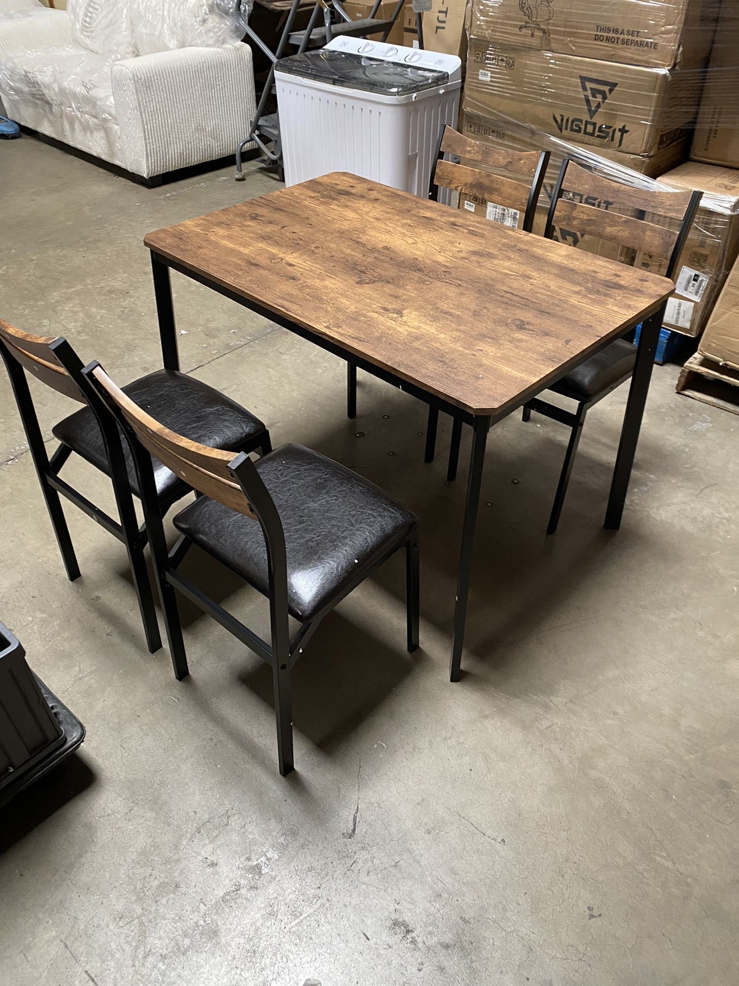 Dining Table Set for 4, 43.3" Dining Room with 4 Upholstered PU Leather Chairs, Modern Wood Table and Chairs Set, 5-Piece Dinette Breakfast Nook, Smal