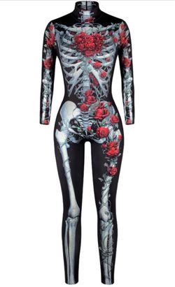 Women’s Skeleton Rose Floral Halloween Catsuit Jumpsuit Costume