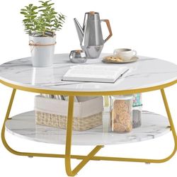 Elephance Modern Round Coffee Table with Storage, 35.4 Inch Faux Marble Coffee Table with Strong Metal Gold Frame for Living Room, Dining Room