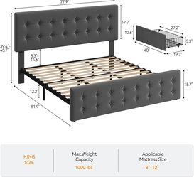 IDEALHOUSE King Size Bed Frame with 4 Storage Drawers and Linen Upholstered Headboard, Wooden Slats Support, Button Tufted Design, No Box Spring Neede