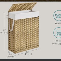 SONGMICS 14.5 Gal Slim Laundry Rattan Clothes Basket w/ Lid and Handles - Natural