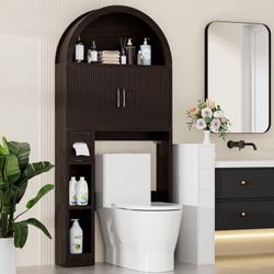 262 Over The Toilet Storage Cabinet w/ Unique Wood Grain & Arc Design, Freestanding Bathroom Shelf Organizer Space Saver w/ Doors & Anti-Tip Device, C