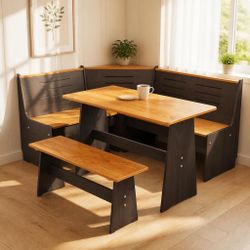 Breakfast Nook Table Set - Reinforced Packaging - Corner Kitchen Dining Table Set For 4-6 People, Solid Pine Wood With L-Shaped Bench Modern Farmhouse