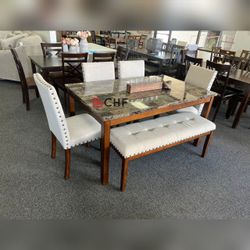 6 Pc Faux Marble Top Dining Table Set 
