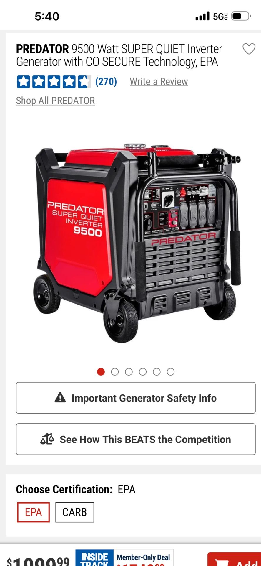 PREDATOR 9500 Watt SUPER QUIET Inverter Generator with CO SECURE Technology, EPA