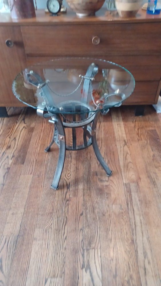 Industrial style brass and metal glass end table