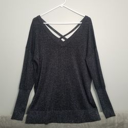 Topshop Women's Lightweight  Black Metallic Cross Back Tunic Vneck Sweater Sz 8