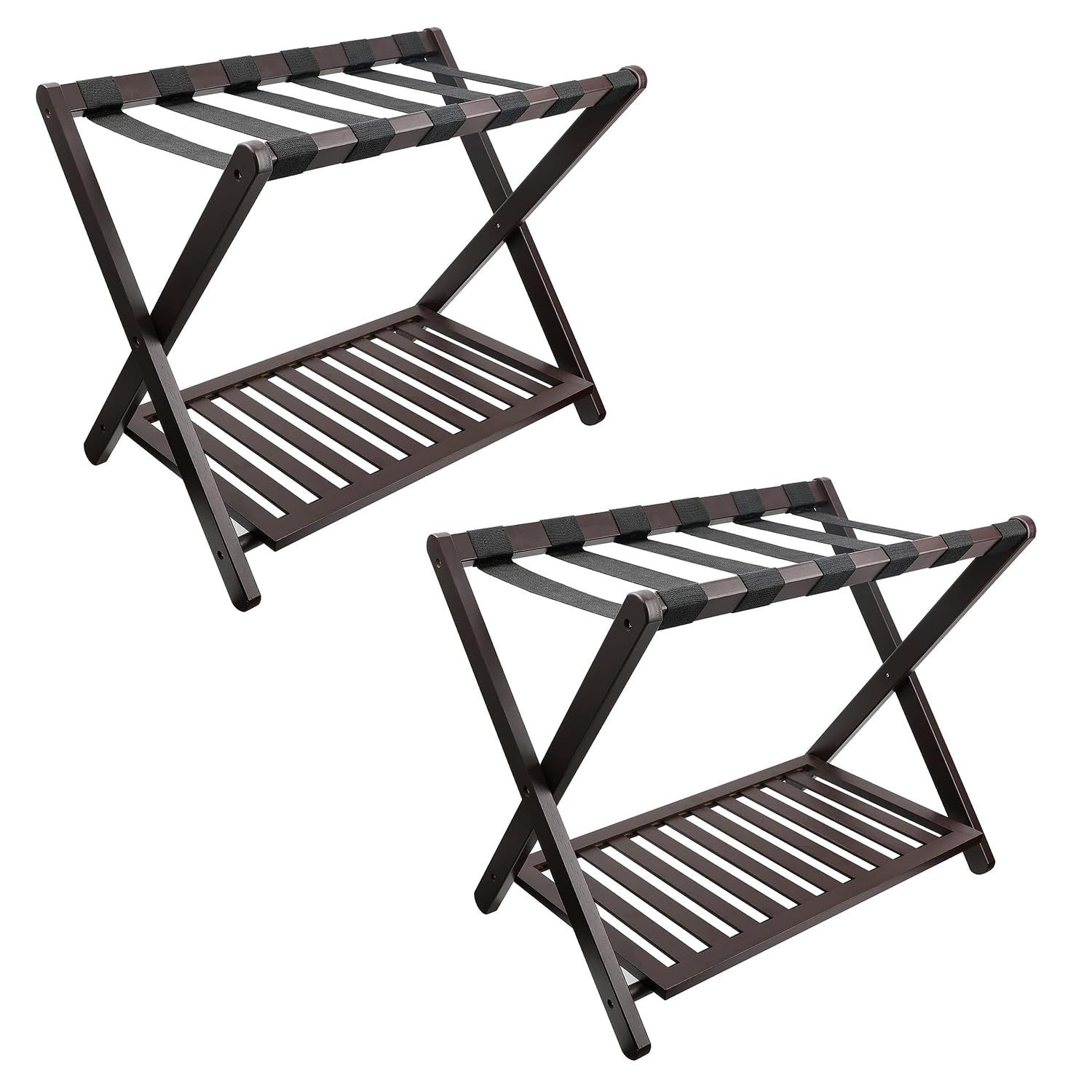 2 Pack Bamboo Luggage Rack For Guest Room, Heavy Duty Folding Suitcase Stand With Storage Shelf For Home Bedroom Hotel - Brown 2Pack Brown