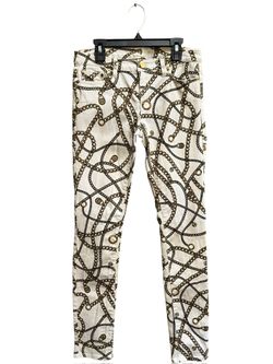 Michael Kors Women Gold Chain Link Print White Stretch Jeans, Size 0