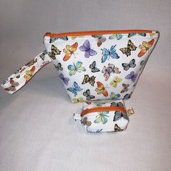Handbag Set, Purse/makeup Bag/Toiletries Bag/Coin Purse. White With Colorful Butterflies. 