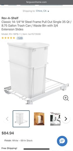 Rev-A-Shelf Classic 14-1/4"W Steel Frame Pull Out Single 35 Qt / 8.75 Gallon Trash Can / Waste Bin