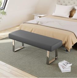 Gray Faux Leather Bedroom Bench with Chrome Legs