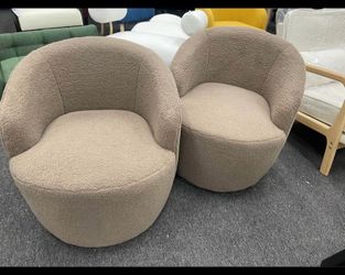 Assembled New Set of 2 Swivel Barrel Chair Teddy Sherpa Upholstered Round Accent Arm Chairs Boucle