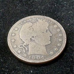 1904 Barber Silver Quarter - 90% Silver - Antique US Coin