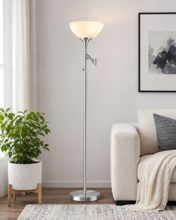 70" Silver Floor Lamp w/ Glass Shade Adjustable Swing Arm LED Bulb Included NEW