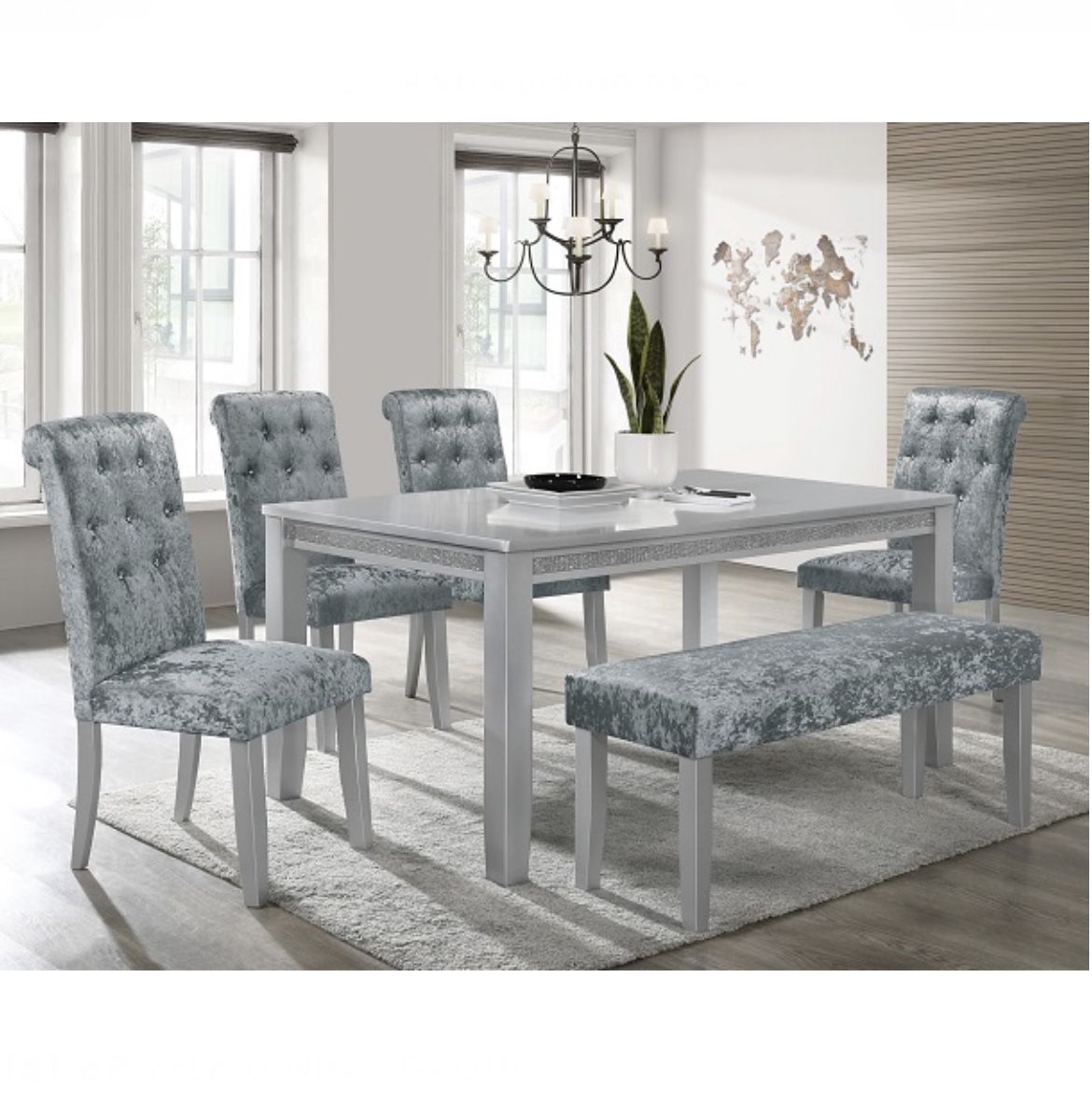 6 Piece Dining Set Brand New In Box Silver Crushed Velvet With Faux Crystal Tuft And Faux Crystal Trim On Table Brand New In Box Firm Price $540