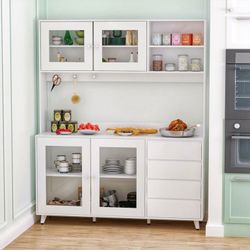 Large Kitchen Pantry Storage Cabinet with Drawers & Open Shelves