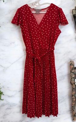 Lark + Grey Red Polka Dot Faux Wrap Dress Large L - Pleated Midi Flutter Sleeve