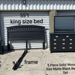 5 Piece King Size Solid Wood Matte Black Bedroom Set