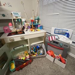 Kids Play Kitchen Bundle - Wooden Stove & Sink + Coffee Bar + Dishwasher + Acessories