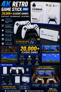 🎮 4K Retro Game Stick Pro – 20,000+ Games | 2 Wireless Controllers