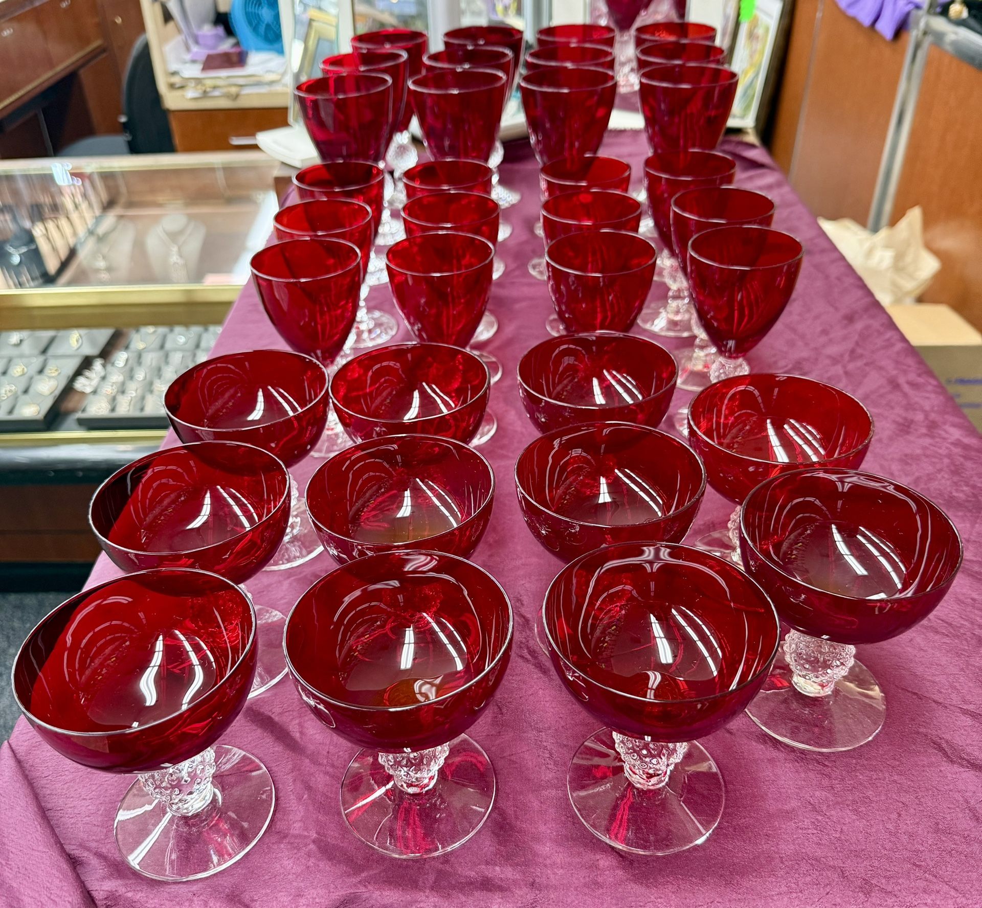  Morgantown Glass Ruby Red Golf Ball Stemware Collection 34 Pieces Art Deco