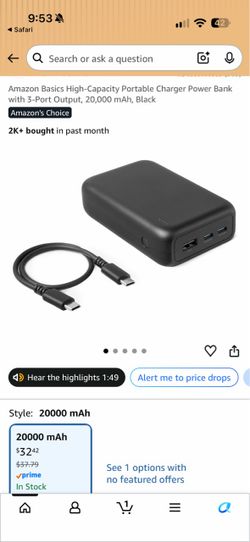 Amazon Basics 20,000 mAh High-Capacity Portable Charger Power Bank