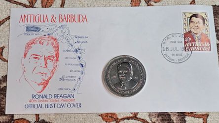 1984 Ronald Reagan Official First Day Cover Envelope from Antigua & Barbuda Paired with a Double Eagle Commemorative Medallion Layered in .999 Silver