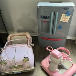 refrigerator, car and walker for dolls.