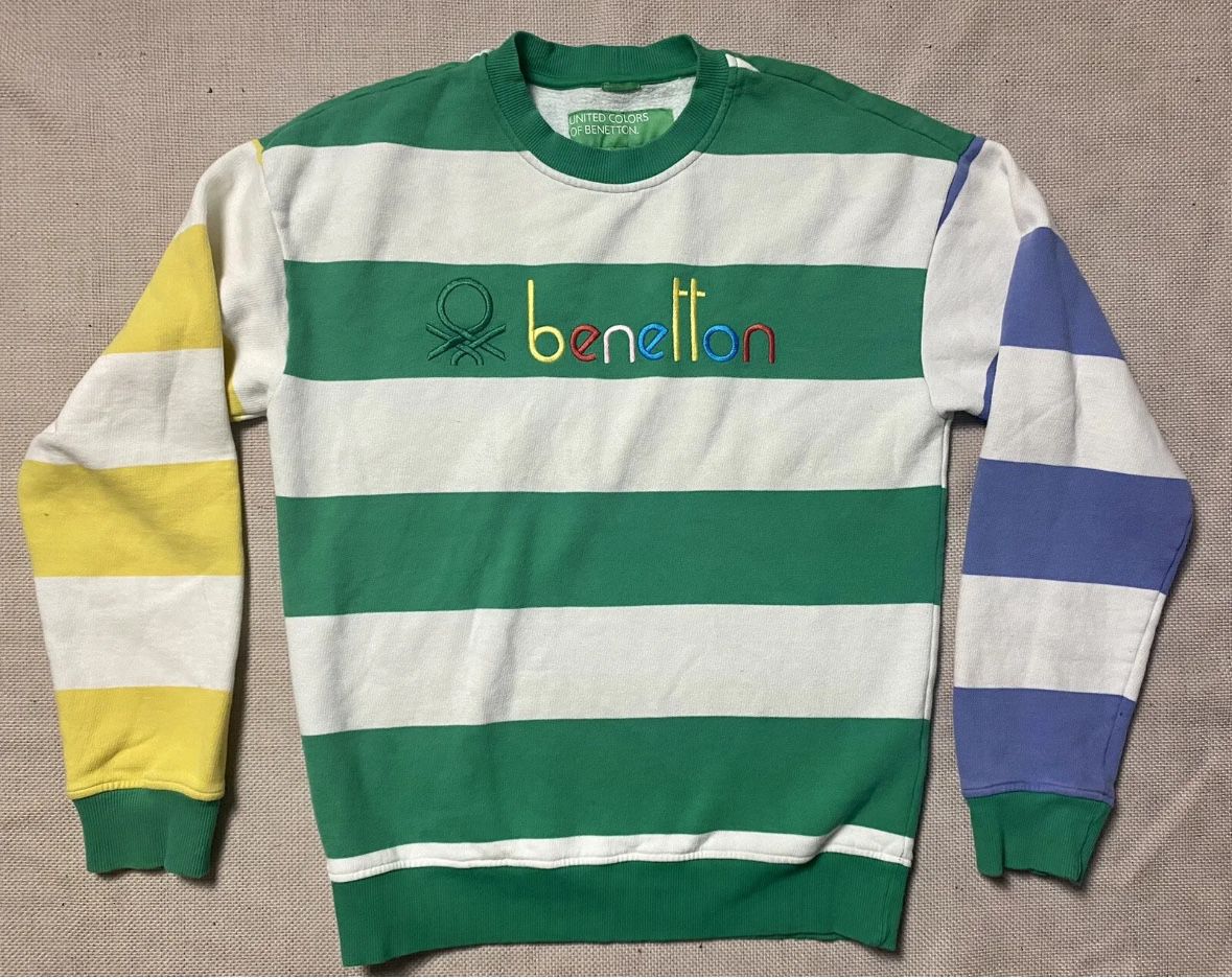 United Colors Of Benetton Swearshirt Rugby Stripe RARE Vintage Y2K Green Top