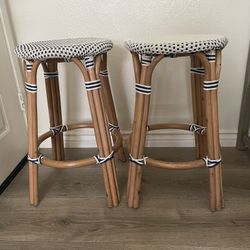 Rattan Barstool Pair Blue & White