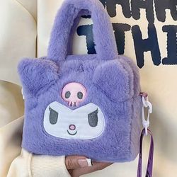 Sanrio Kuromi Plush Bag Purse Travel Storage Bag 6.10”x5.70”Purple W/Strap Zip Closure Cute Hello Kitty💜Anime Women’s, Kids, Gift 