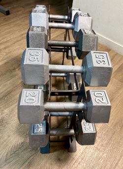 Set of Cast Iron Hex Dumbbells with Rack 20s to 40s [PRICE is FIRM / NO RACK INCLUDED] Weight: 300 lbs.